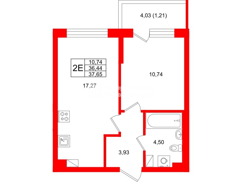 Квартира в ЖК «Охтинские высоты», 1 комнатная, 37.65 м², 2 этаж