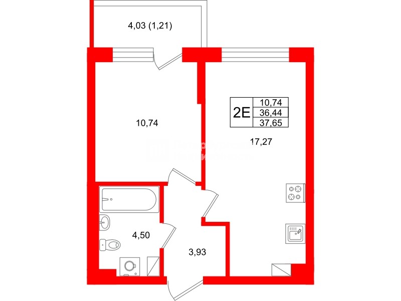 Квартира в ЖК «Охтинские высоты», 1 комнатная, 37.65 м², 4 этаж