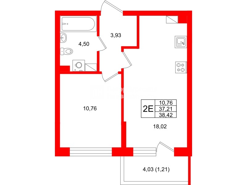 Квартира в ЖК «Охтинские высоты», 1 комнатная, 38.42 м², 3 этаж