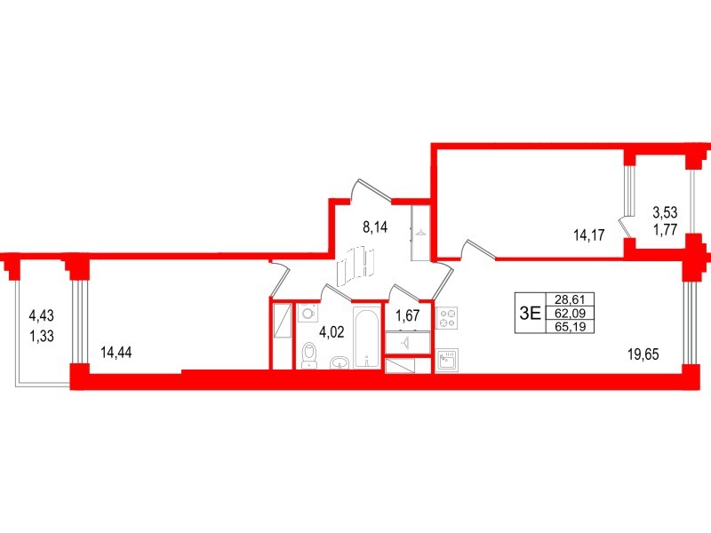 Квартира в ЖК Ассамблея, 2 комнатная, 65.19 м², 7 этаж