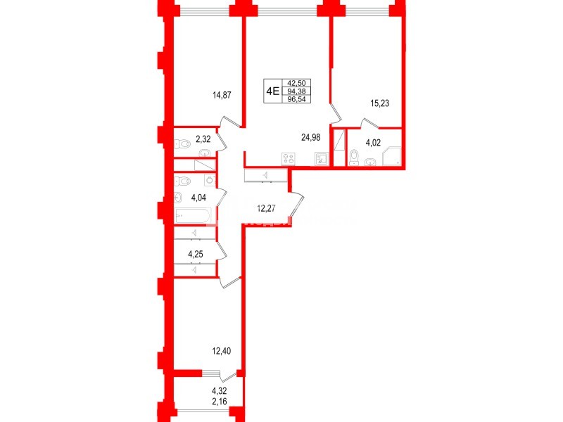 Квартира в ЖК Ассамблея, 3 комнатная, 96.54 м², 2 этаж
