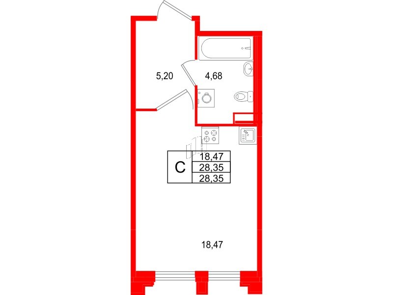 Квартира в ЖК Ассамблея, студия, 28.35 м², 1 этаж