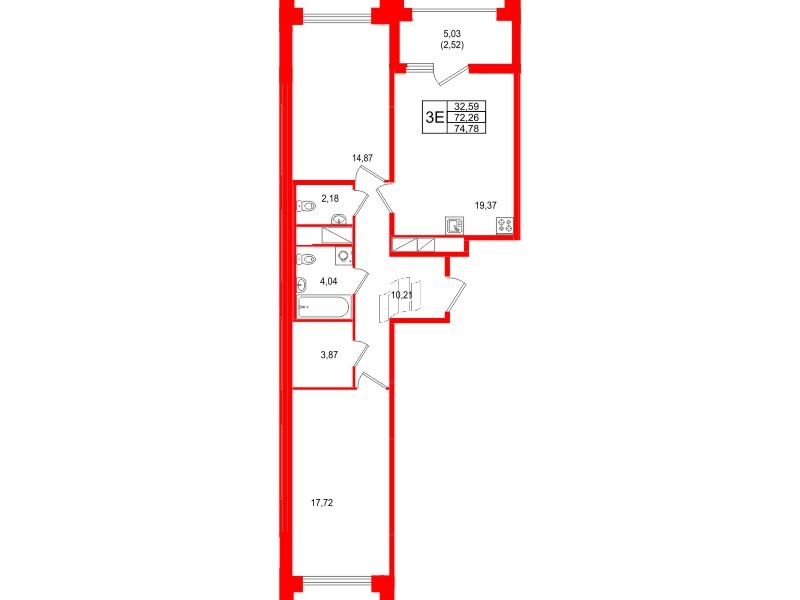 Квартира в ЖК Ассамблея, 2 комнатная, 74.78 м², 4 этаж