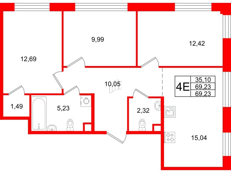 Квартира в ЖК Plus Пулковский, 3 комнатная, 69.23 м², 1 этаж