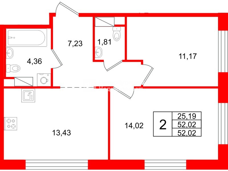 Квартира в ЖК «Плюс Пулковский», 2 комнатная, 52.02 м², 2 этаж