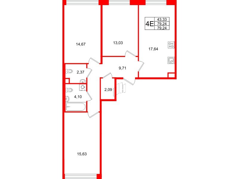 Квартира в ЖК Plus Пулковский, 3 комнатная, 79.24 м², 1 этаж