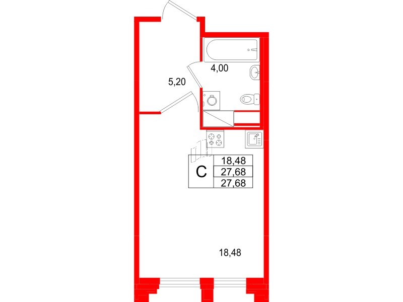 Квартира в ЖК Ассамблея, студия, 27.68 м², 2 этаж