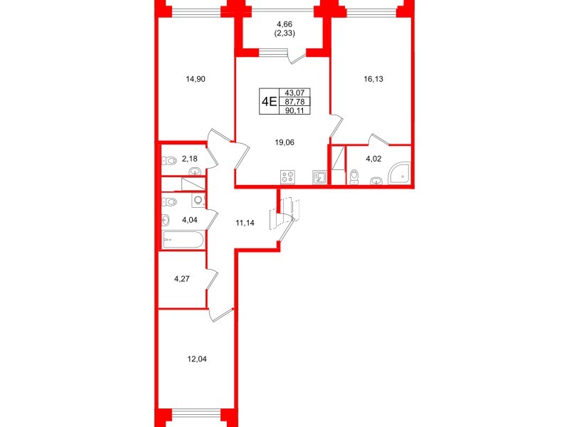 Квартира в ЖК Ассамблея, 3 комнатная, 90.11 м², 7 этаж
