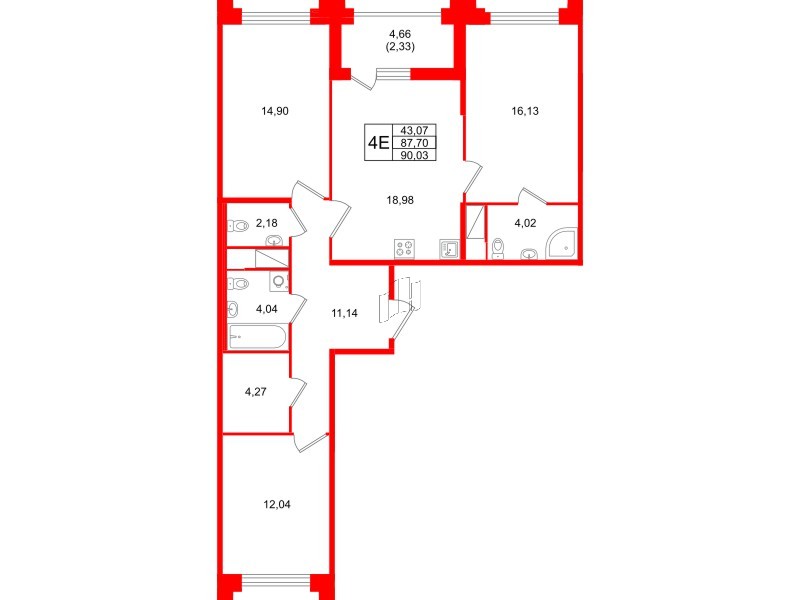 Квартира в ЖК Ассамблея, 3 комнатная, 90.03 м², 11 этаж