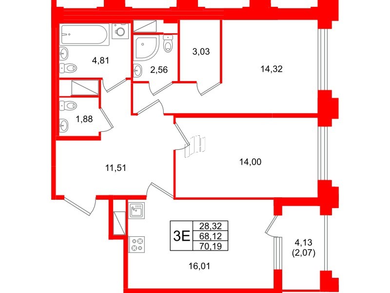 Квартира в ЖК Ассамблея, 2 комнатная, 70.19 м², 3 этаж
