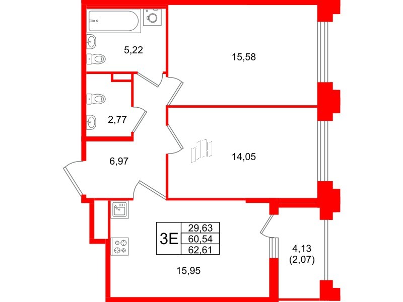 Квартира в ЖК Ассамблея, 2 комнатная, 62.61 м², 1 этаж