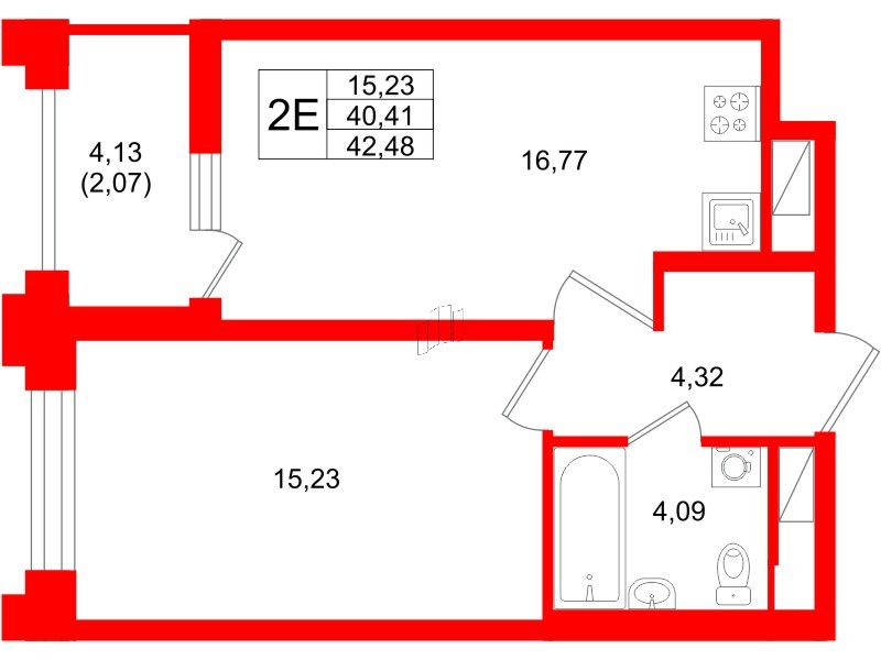 Квартира в ЖК Ассамблея, 1 комнатная, 42.48 м², 9 этаж