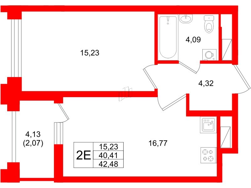 Квартира в ЖК Ассамблея, 1 комнатная, 42.48 м², 2 этаж