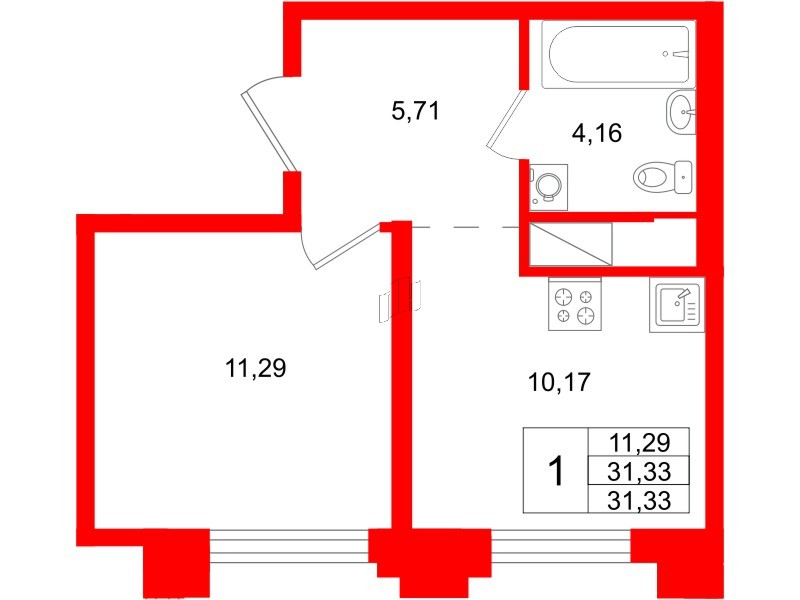 Квартира в ЖК Ассамблея, 1 комнатная, 31.33 м², 11 этаж