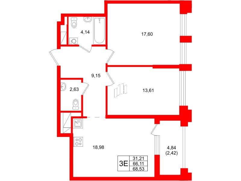 Квартира в ЖК Ассамблея, 2 комнатная, 68.53 м², 9 этаж