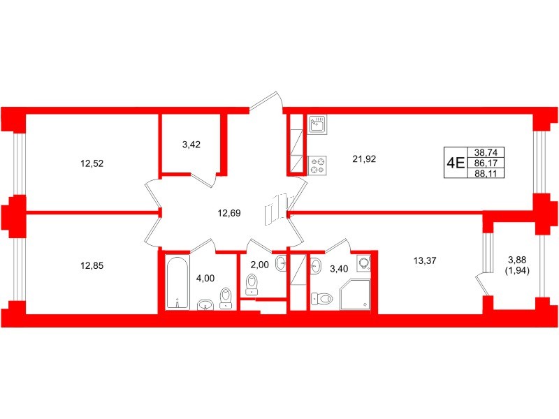 Квартира в ЖК Ассамблея, 3 комнатная, 88.11 м², 8 этаж