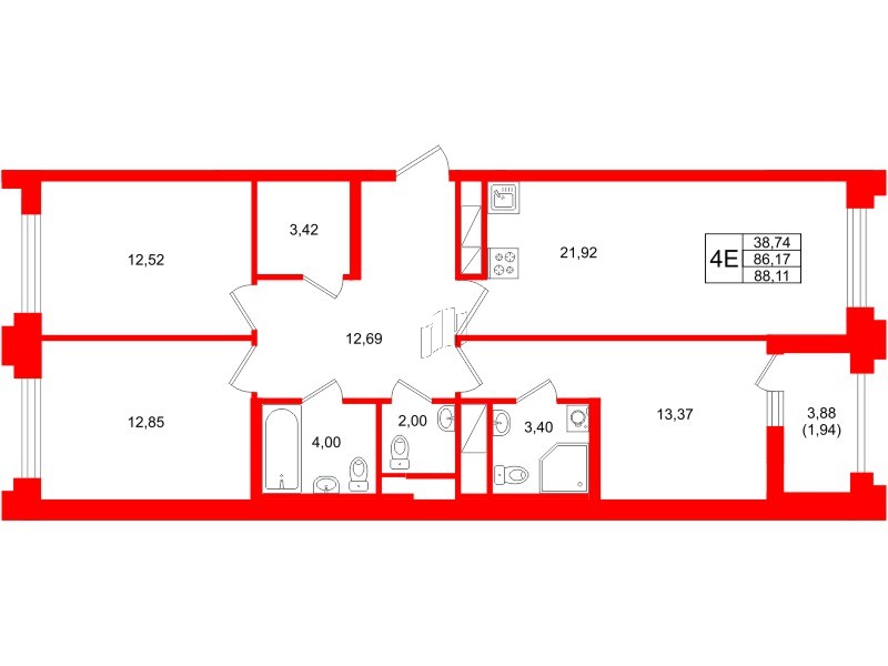 Квартира в ЖК Ассамблея, 3 комнатная, 88.11 м², 11 этаж