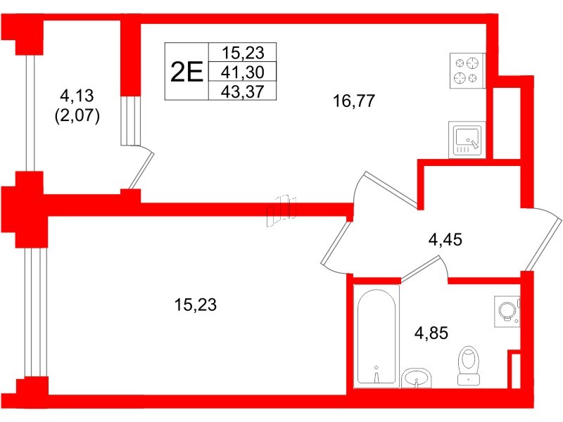 Квартира в ЖК Ассамблея, 1 комнатная, 43.37 м², 1 этаж