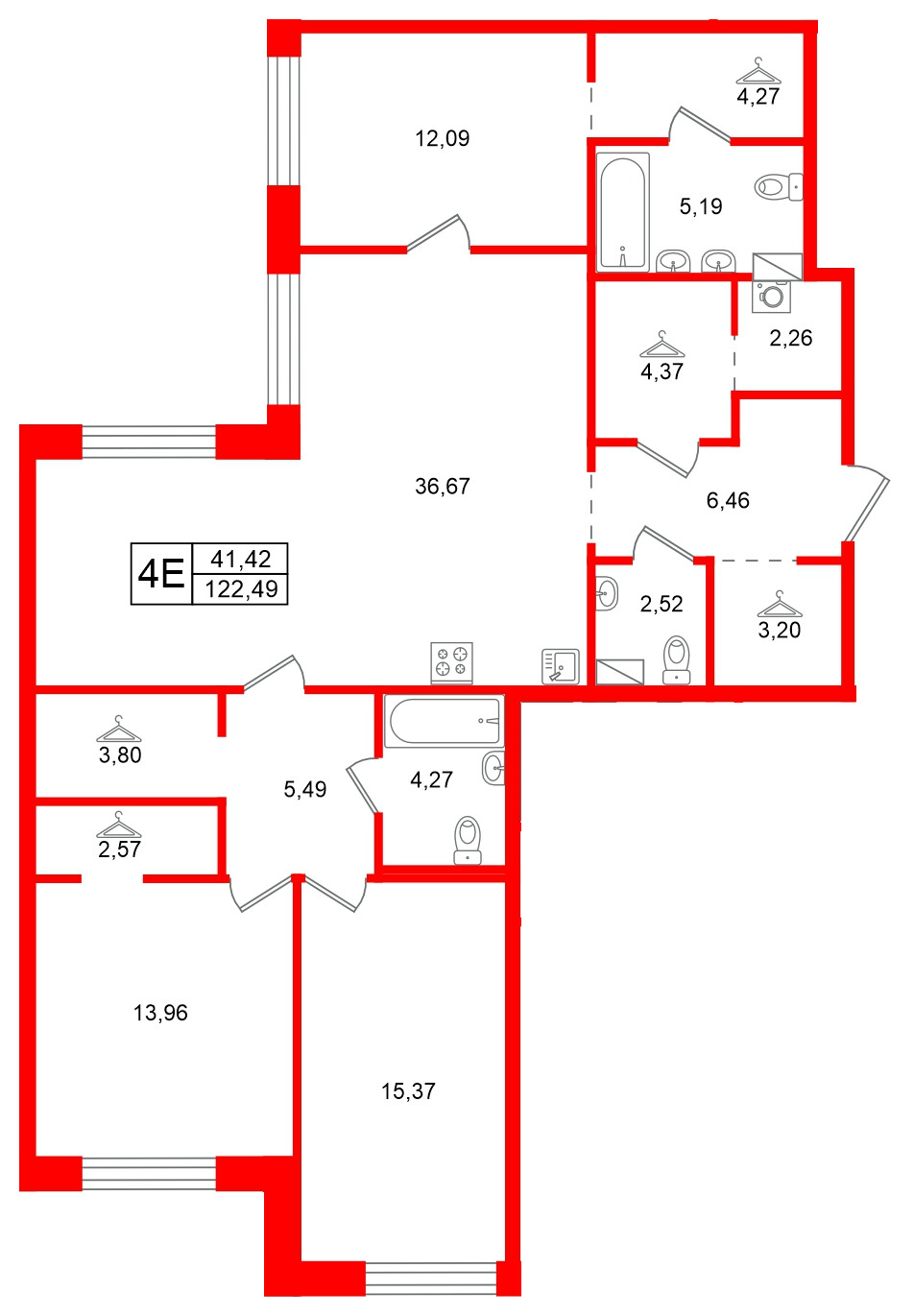 Квартира в ЖК Остров Первых, 3 комнатная, 122.49 м², 3 этаж