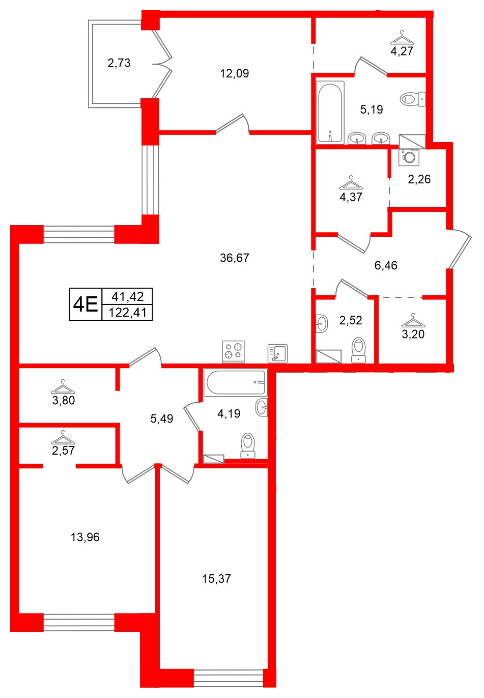 Квартира в ЖК Остров Первых, 3 комнатная, 122.41 м², 6 этаж