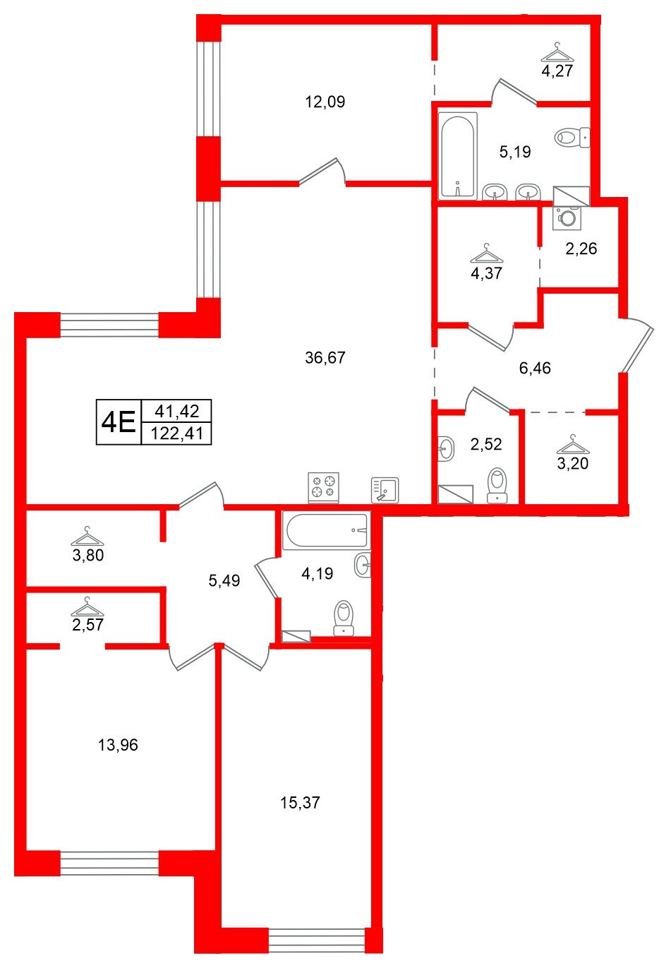 Квартира в ЖК Остров Первых, 3 комнатная, 122.41 м², 7 этаж