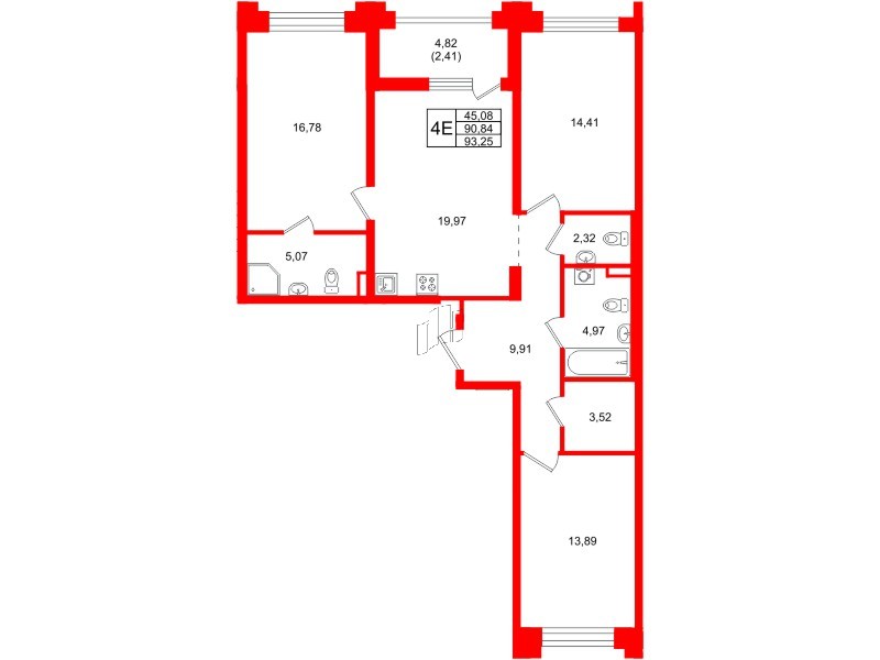 Квартира в ЖК Ассамблея, 3 комнатная, 93.25 м², 1 этаж