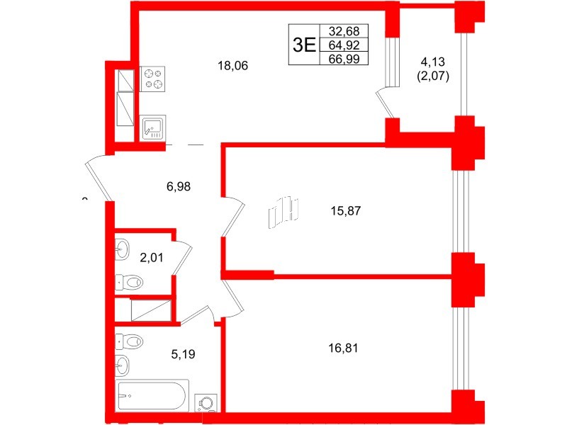 Квартира в ЖК Ассамблея, 2 комнатная, 66.99 м², 8 этаж