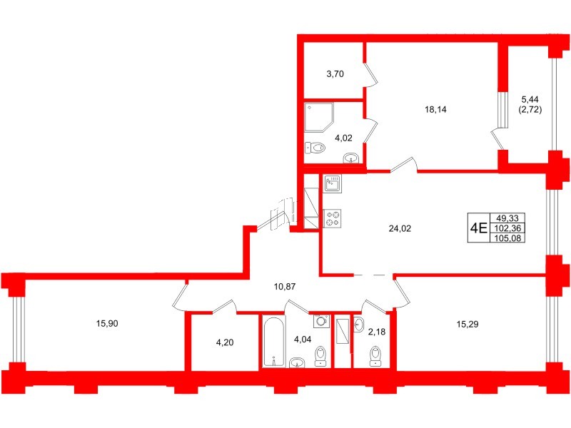 Квартира в ЖК Ассамблея, 3 комнатная, 105.08 м², 8 этаж