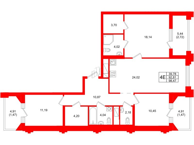 Квартира в ЖК Ассамблея, 3 комнатная, 98.47 м², 11 этаж