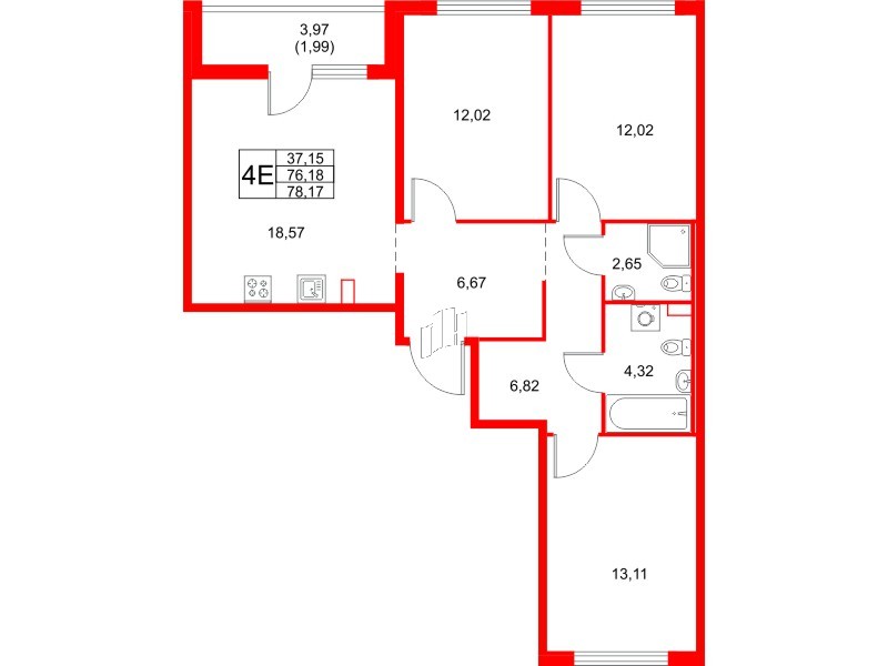 Квартира в ЖК Расцветай в Янино, 3 комнатная, 78.17 м², 2 этаж