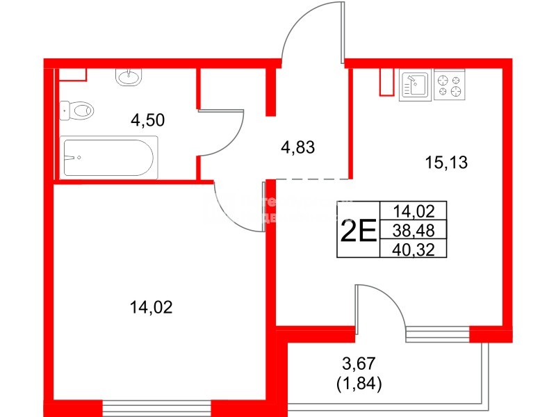 Квартира в ЖК «Расцветай в Янино», 1 комнатная, 40.32 м², 2 этаж