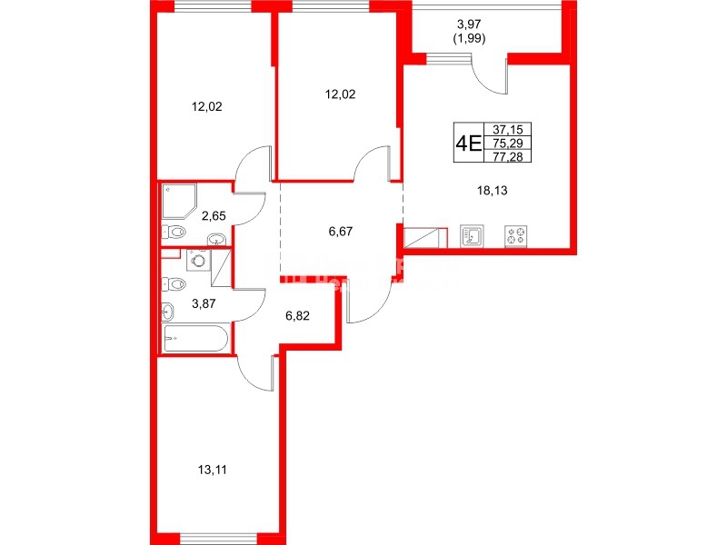 Квартира в ЖК Расцветай в Янино, 3 комнатная, 77.28 м², 4 этаж