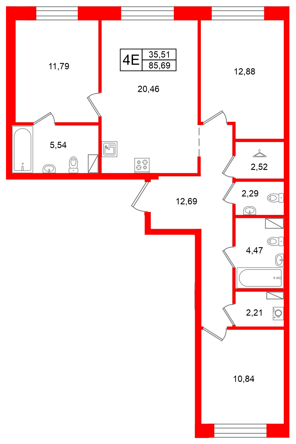 Квартира в ЖК Остров Первых, 3 комнатная, 85.69 м², 5 этаж