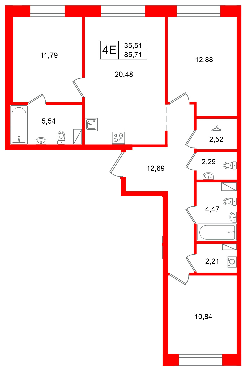 Квартира в ЖК Остров Первых, 3 комнатная, 85.71 м², 7 этаж