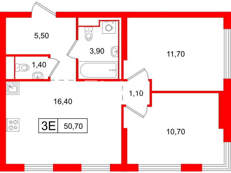 Квартира в ЖК Витебский парк, 2 комнатная, 50.7 м², 1 этаж