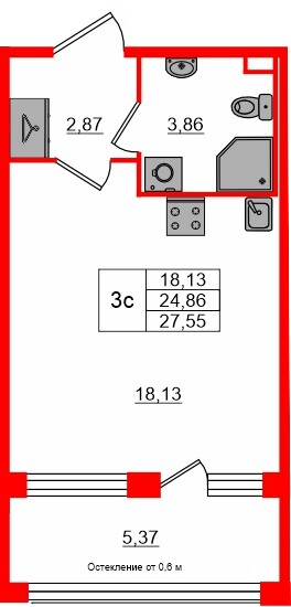 Квартира в ЖК «Сэтл ЛОФТ», студия, 24.86 м², 3 этаж