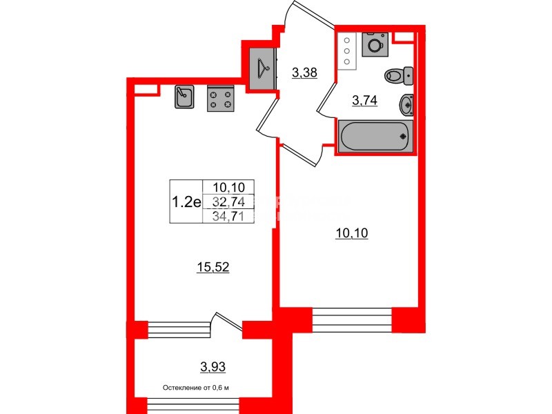 Квартира в ЖК Setl Лофт, 1 комнатная, 32.74 м², 5 этаж