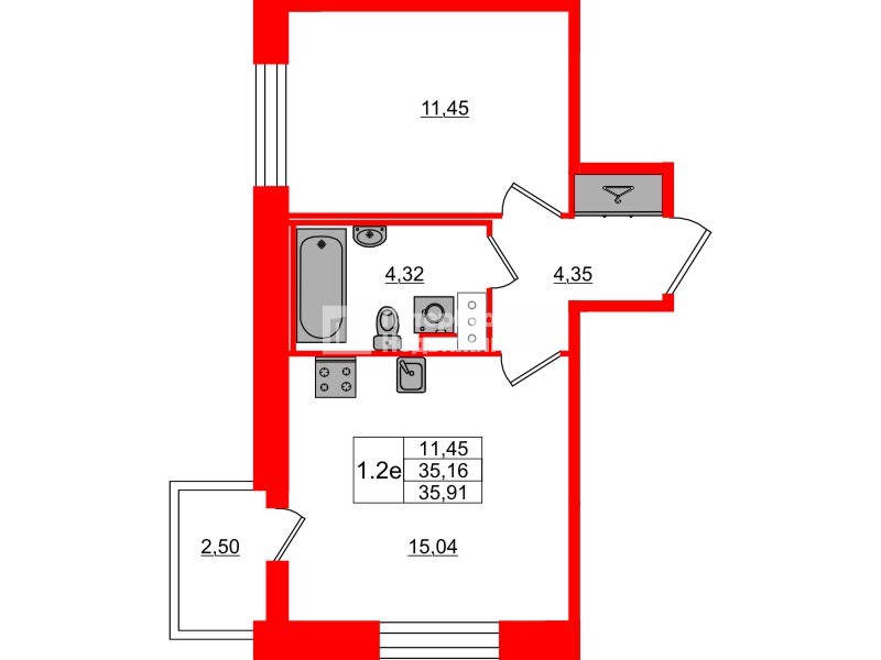 Квартира в ЖК Setl Лофт, 1 комнатная, 35.16 м², 7 этаж