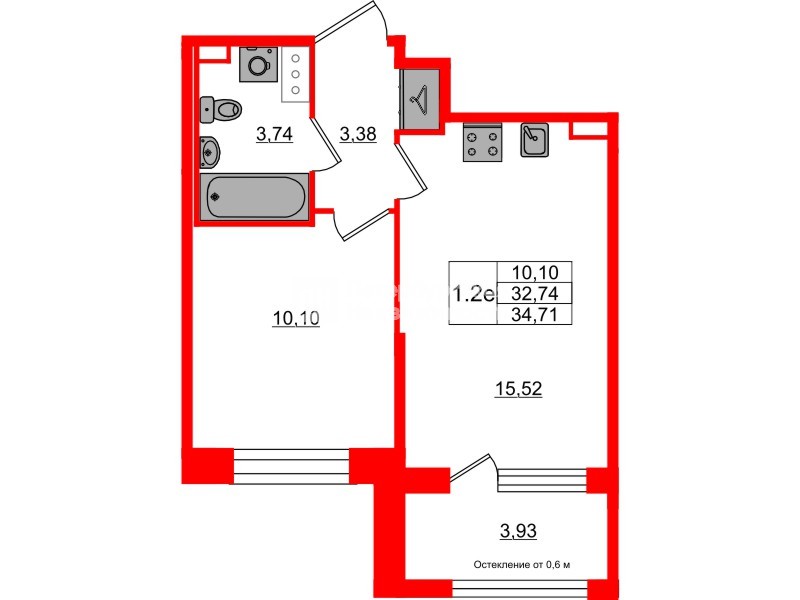 Квартира в ЖК Setl Лофт, 1 комнатная, 32.74 м², 5 этаж