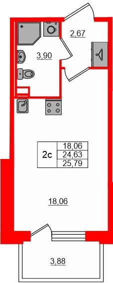 Планировка — Студия квартира, 24,6 м² в ЖК «Сэтл Лофт»