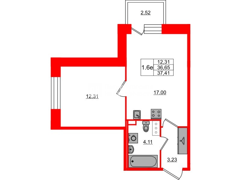 Квартира в ЖК Setl Лофт, 1 комнатная, 36.65 м², 5 этаж