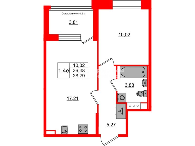 Квартира в ЖК Setl Лофт, 1 комнатная, 36.38 м², 6 этаж