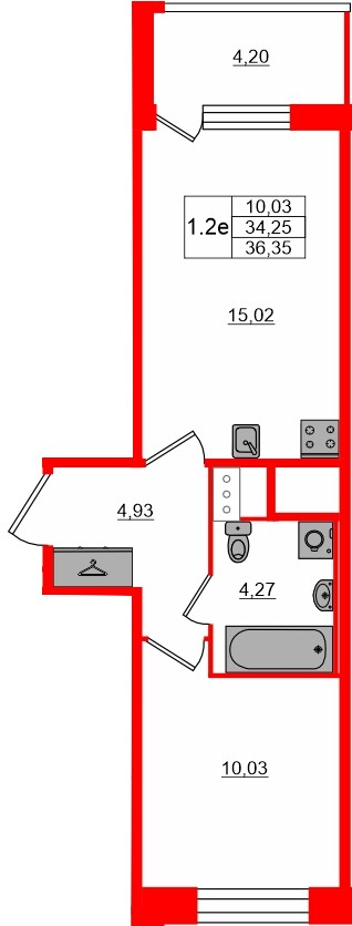 Квартира в ЖК «Сэтл ЛОФТ», 1 комнатная, 34.25 м², 4 этаж