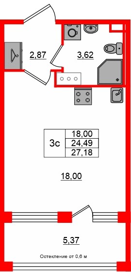 Квартира в ЖК «Сэтл ЛОФТ», студия, 24.49 м², 7 этаж