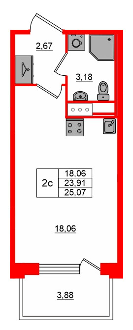 Планировка — Студия квартира, 23,9 м² в ЖК «Сэтл Лофт»