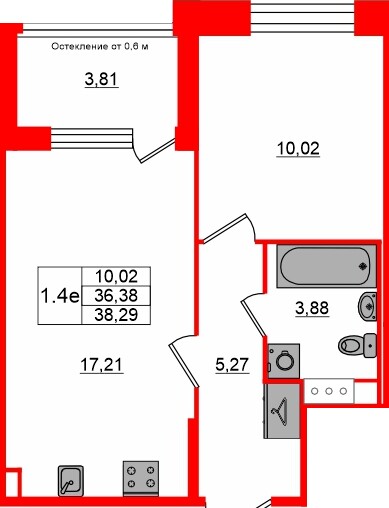 Квартира в ЖК «Сэтл ЛОФТ», 1 комнатная, 36.38 м², 4 этаж