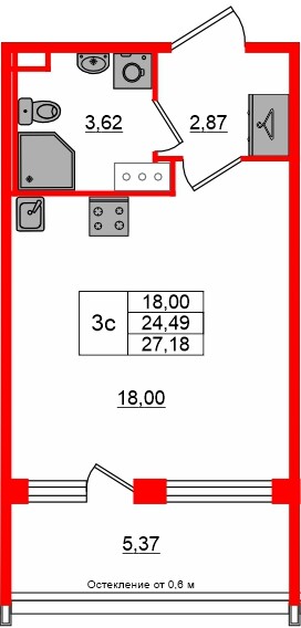 Квартира в ЖК «Сэтл ЛОФТ», студия, 24.49 м², 10 этаж