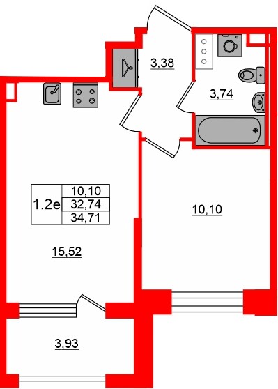 Квартира в ЖК «Сэтл ЛОФТ», 1 комнатная, 32.74 м², 8 этаж