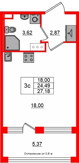 Квартира в ЖК «Сэтл ЛОФТ», студия, 24.49 м², 3 этаж