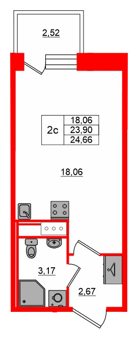 Планировка — Студия квартира, 23,9 м² в ЖК «Сэтл Лофт»